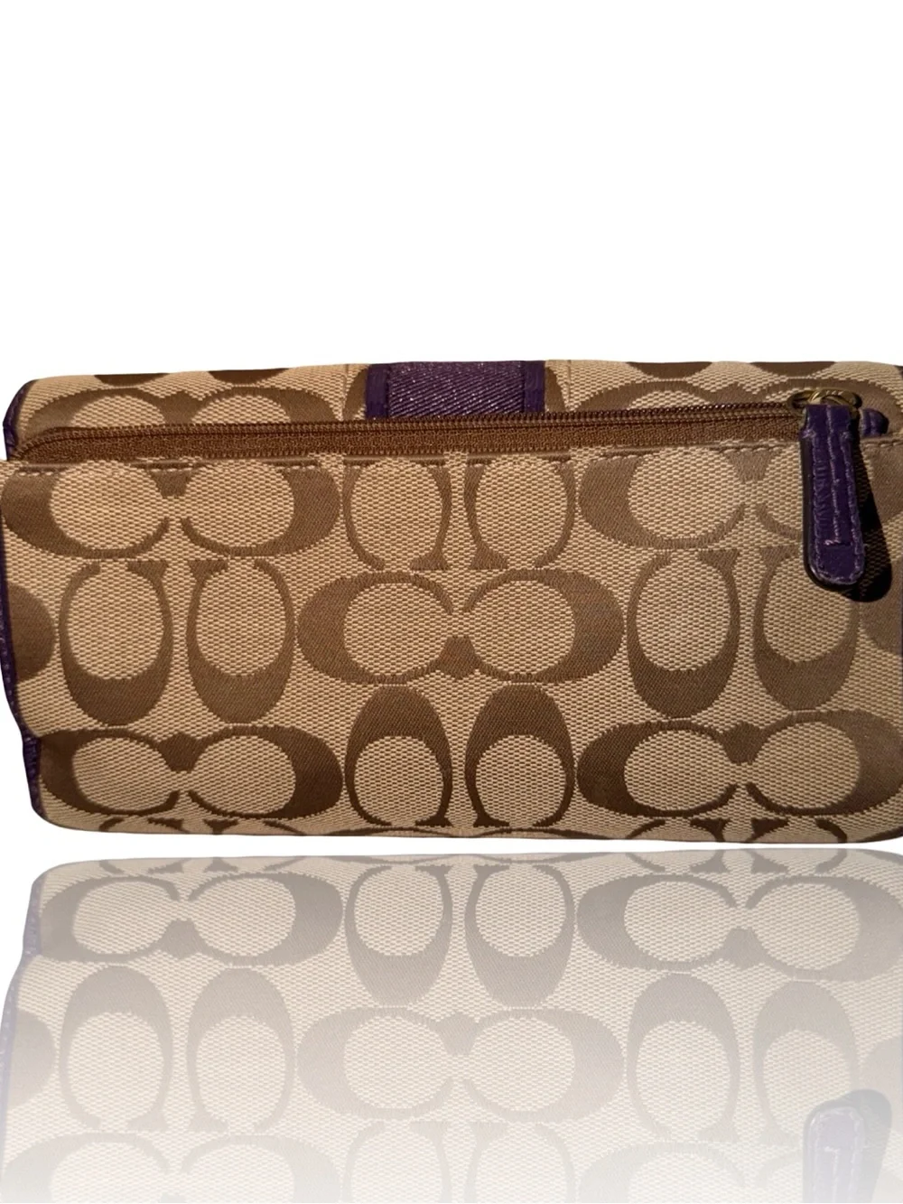 Coach Khaki Signature Wallet with Purple Leather Trim